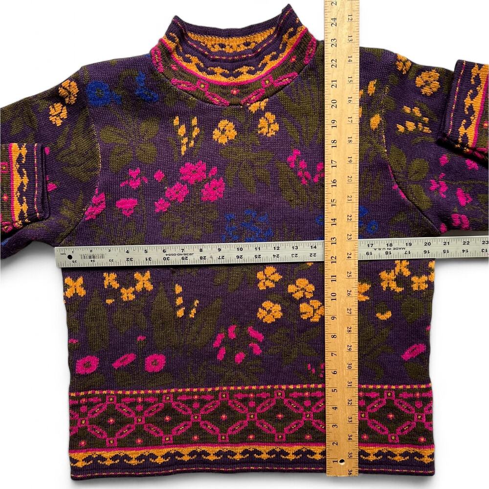 Vintage 80s Floral Pattern Mock Neck Purple Yellow Green Knit Sweater Geometric - Picture 9 of 11